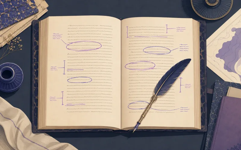 A handwritten page marked up with annotation circles, brackets and underlines, a quill pen resting on it
