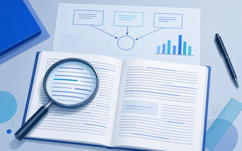 An open text examined under a magnifying glass, with a diagram and a bar chart beside it